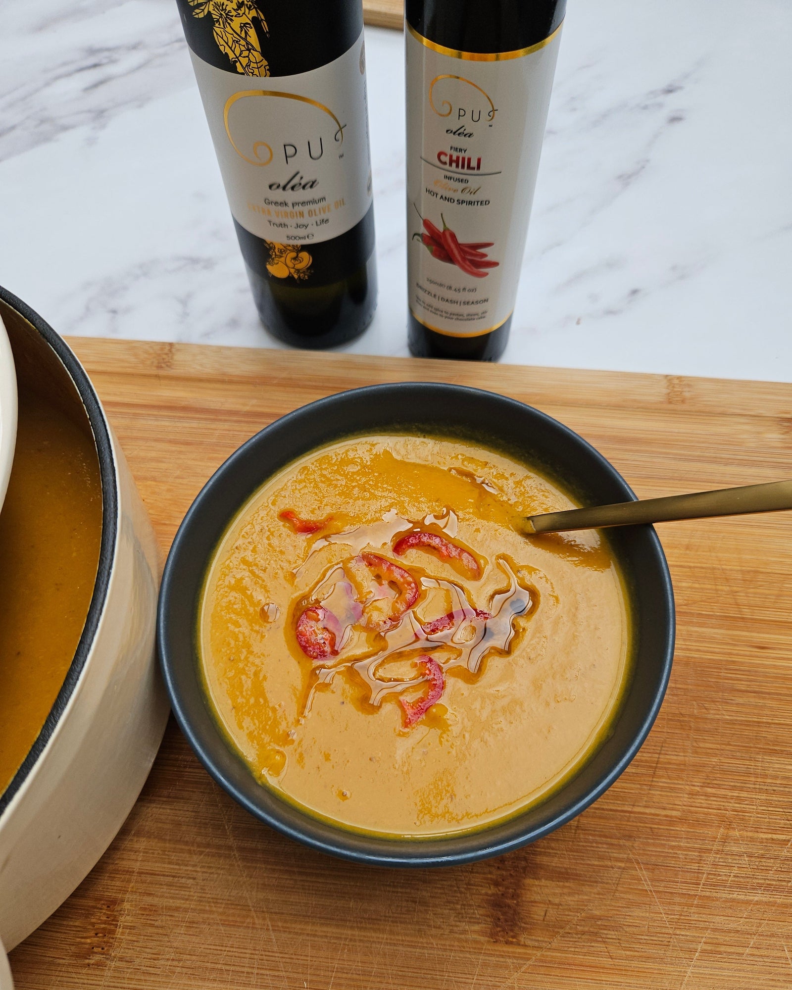 Flu fighter soup made with Opus olea extra virgin olive oil