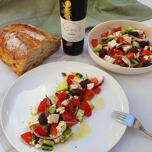 Classic Greek salad with Opus Olea extra virgin olive oil