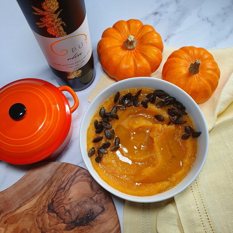Butternut squash soup with Opus Olea extra virgin olive oil