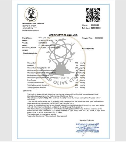 A Certificate of Analysis document for Opus Olive Oil from World Olive Center for Health.