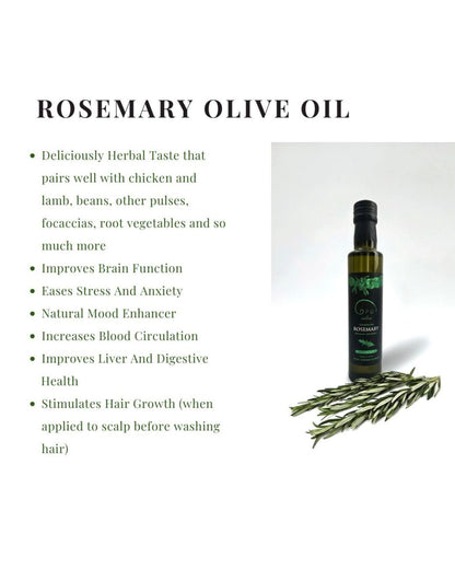 A bottle of Opus Rosemary Olive Oil displayed on a white background with a sprig of rosemary in front. The left side features a text list detailing the benefits of rosemary olive oil.